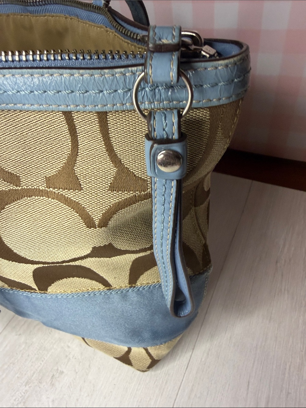 Coach Beige Signature Canvas Tote with Light Blue Trim - Picture 12 of 14